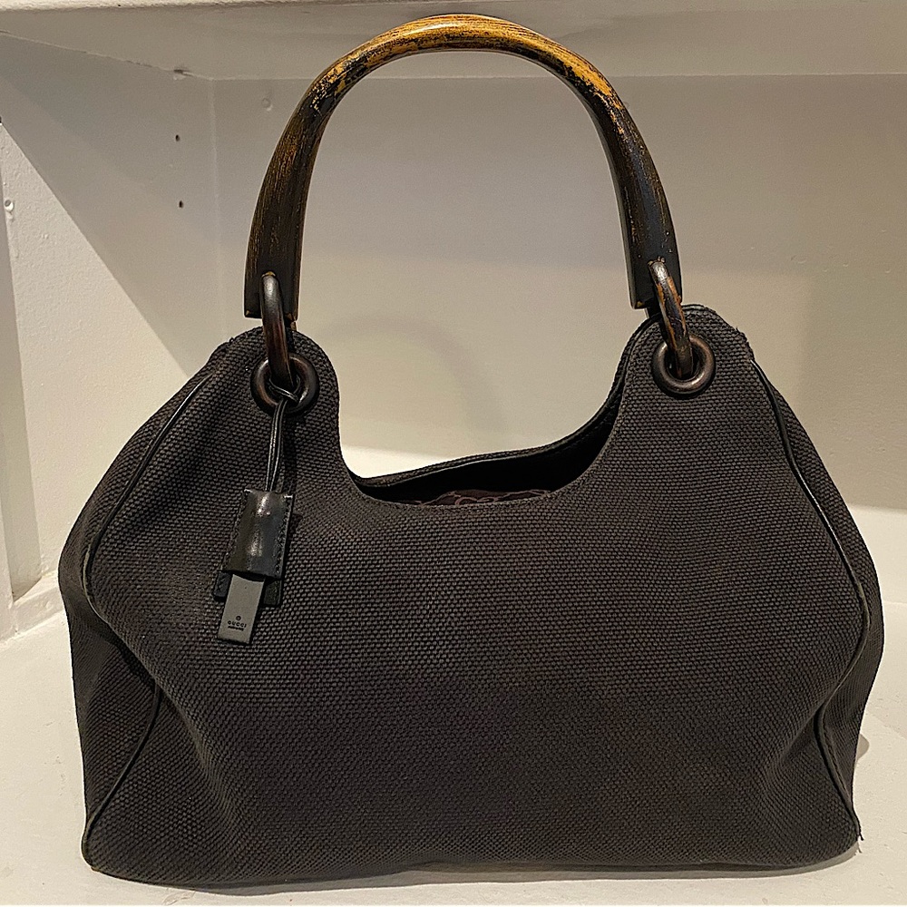 Gucci vintage canvas hobo bag w/ wooden handle. Great condition